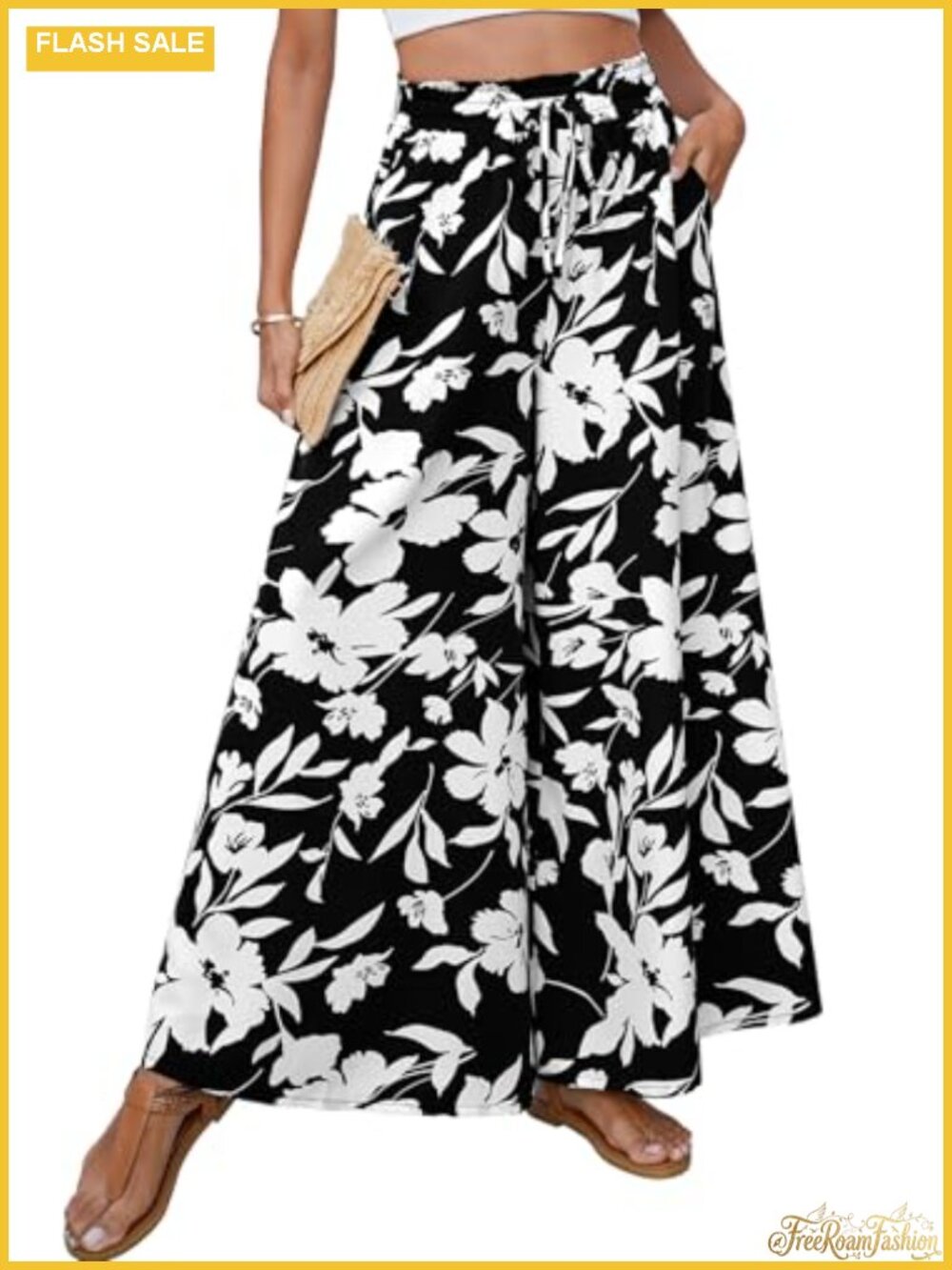 Wide Leg Palazzo Pants Floral Boho High Waisted Flowy with Pockets